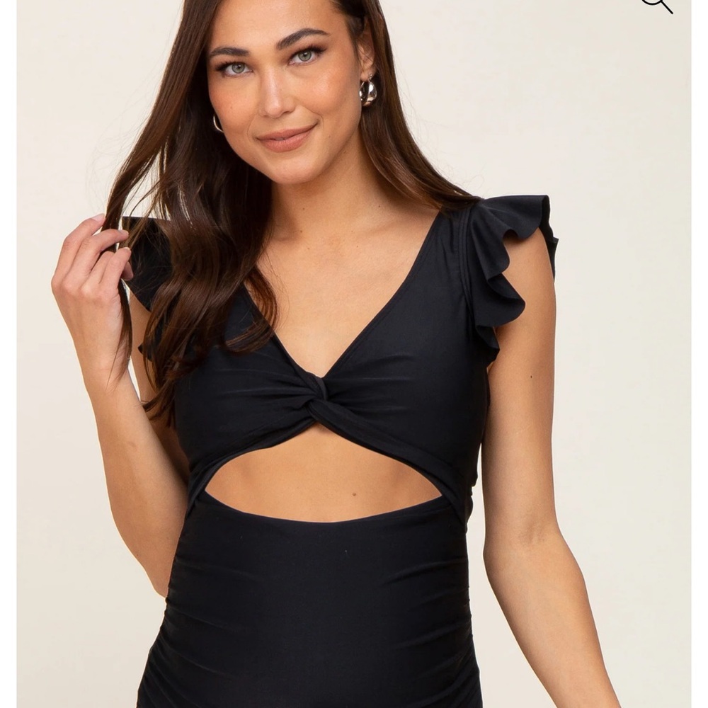 Elegant Black Ruffle Sleeve maternity swimsuit